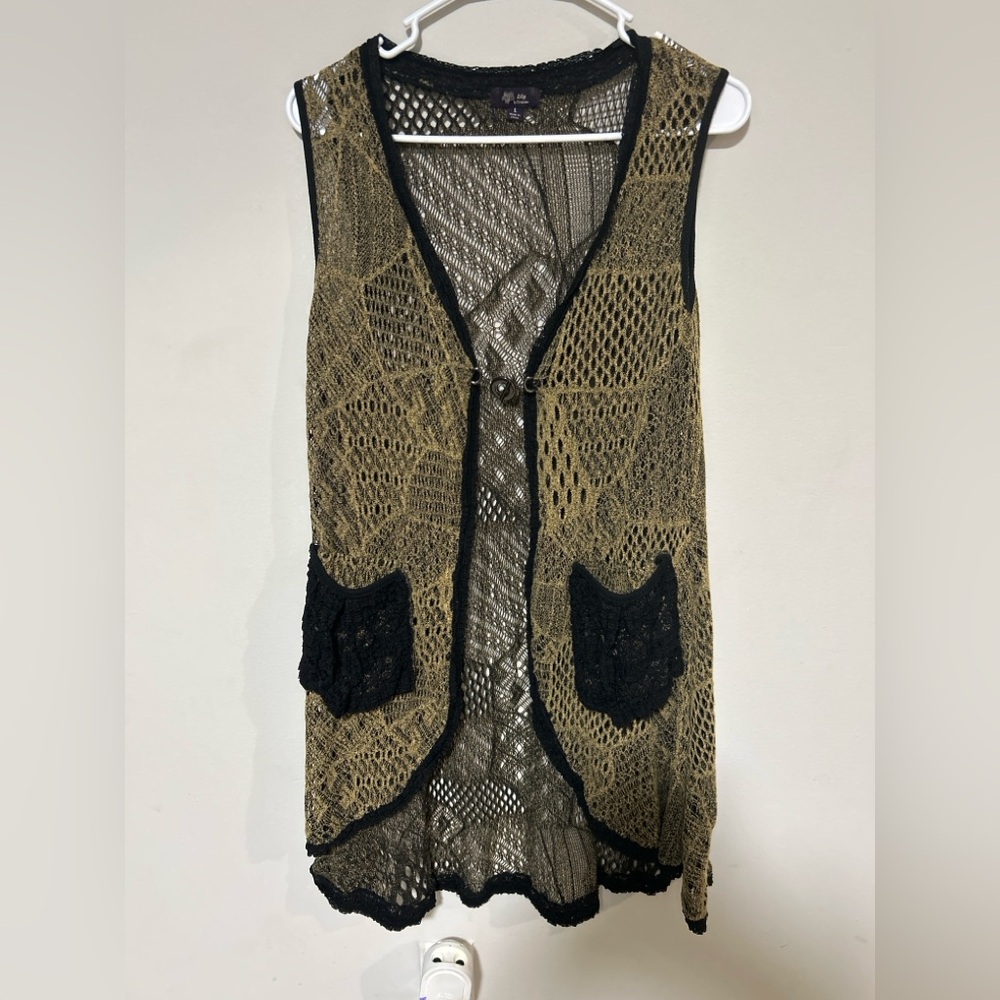 Lily by Fiemiana Boho Crochet Mesh Vest – Black & Gold Open Front Layering Top